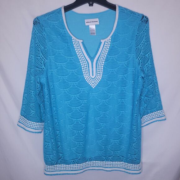 Alfred Dunner Top Large Blue Crochet Trim Lace Tunic - Picture 1 of 10